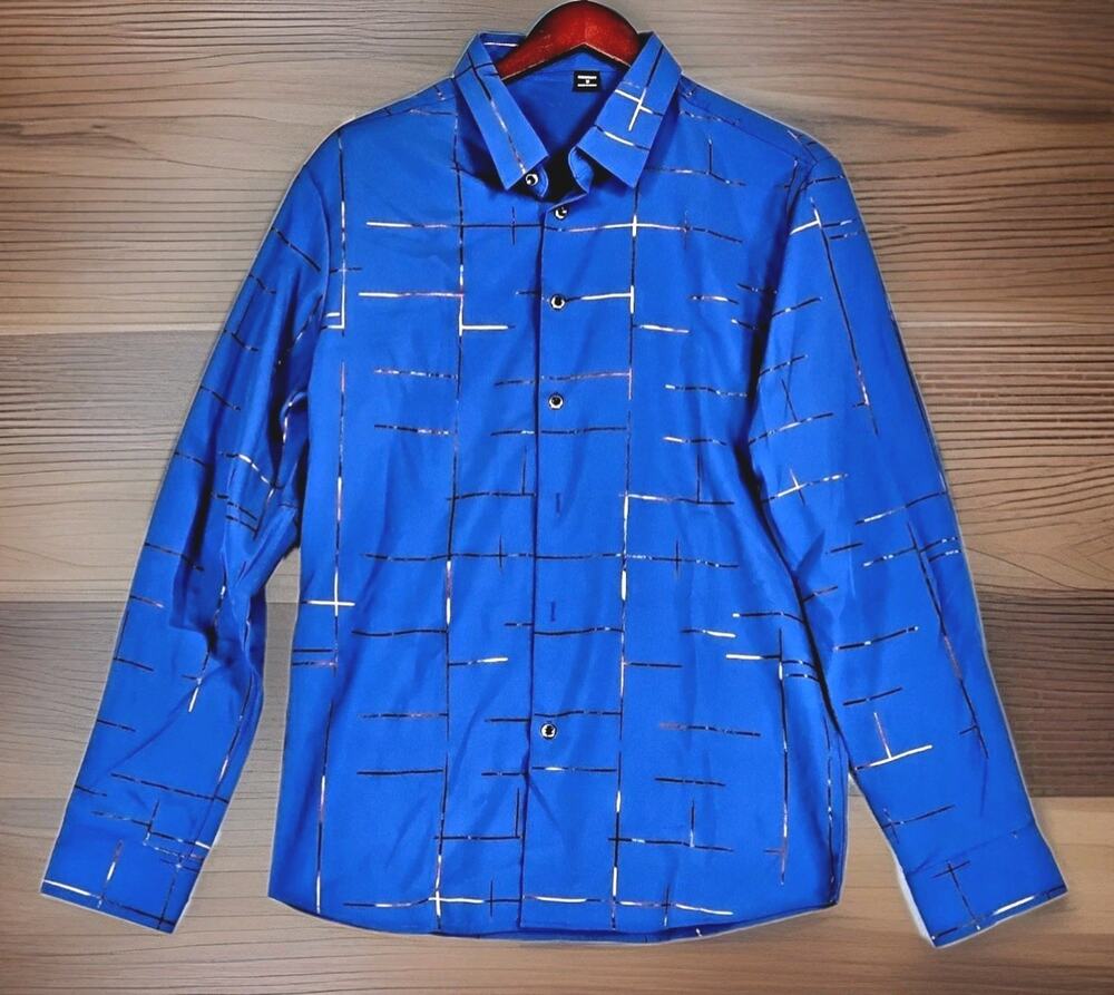 Manfinity Dress Shirt Men's Medium Blue Gold Foil Long Sleeve ButtonUp Stretch